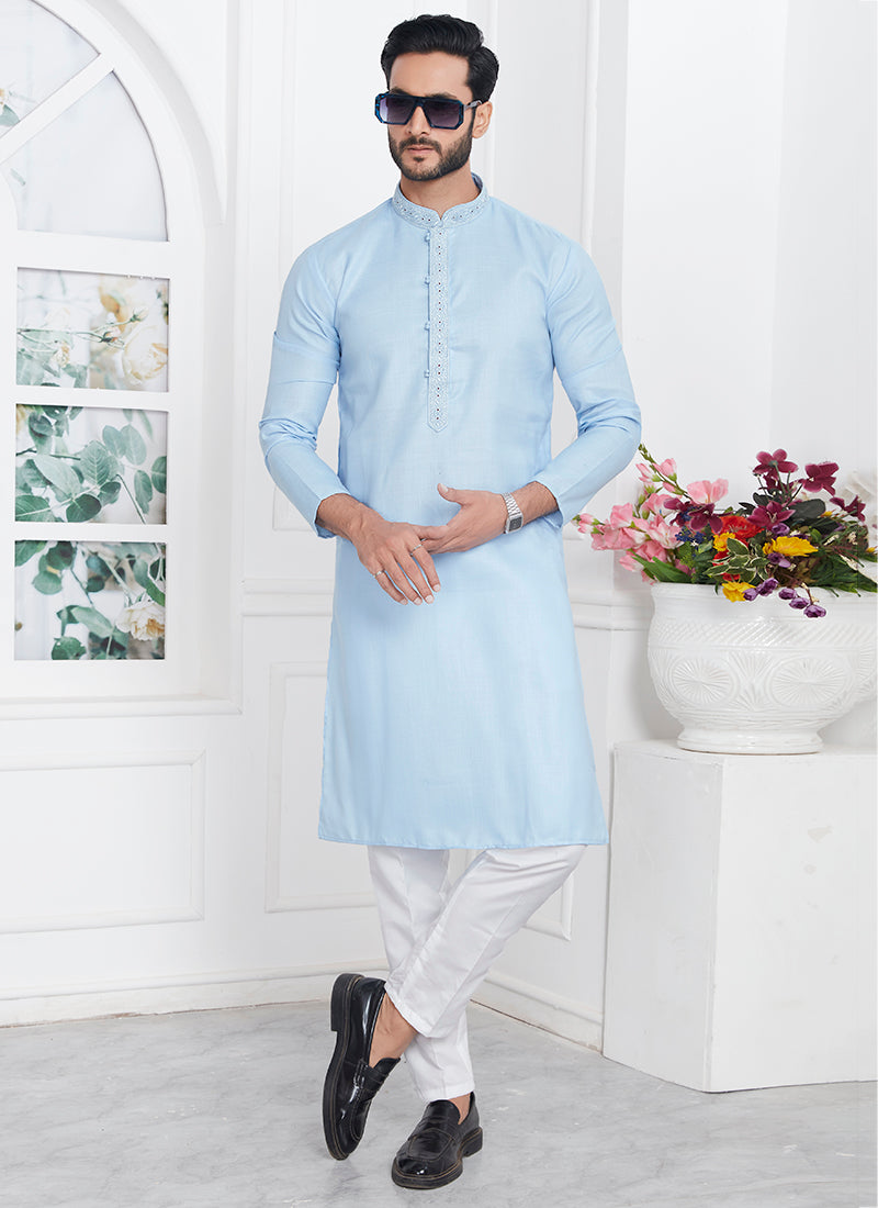 Traditional Wear Kurta Pajama | Linen Cotton Stylish Thread Work Pattern