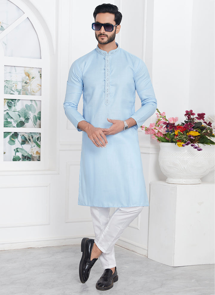 Traditional Wear Kurta Pajama | Linen Cotton Stylish Thread Work Pattern