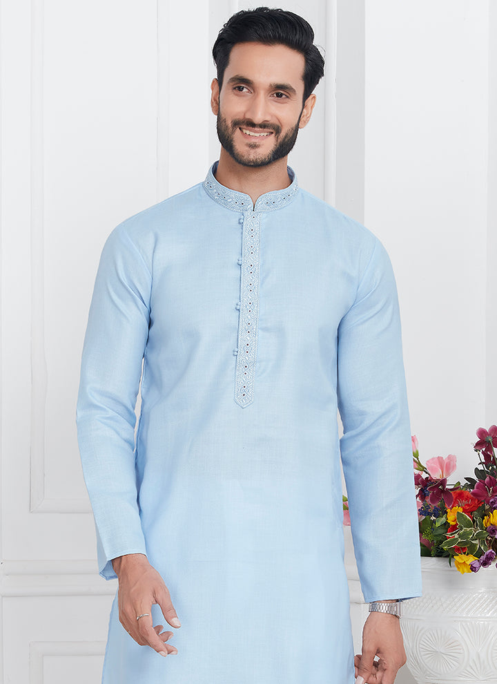 Traditional Wear Kurta Pajama | Linen Cotton Stylish Thread Work Pattern