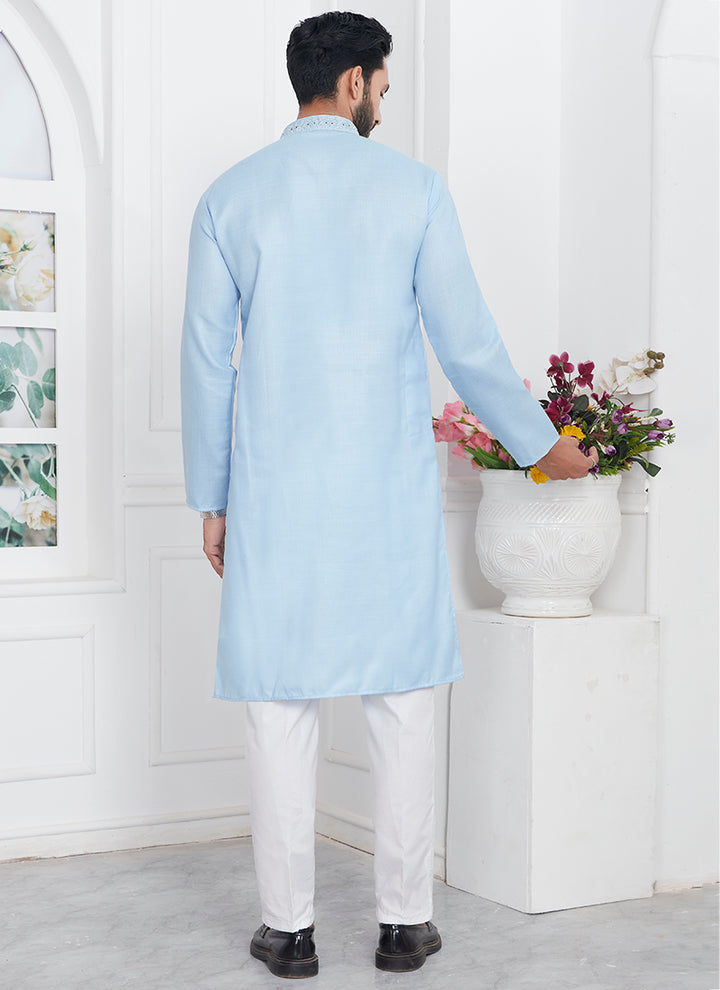 Traditional Wear Kurta Pajama | Linen Cotton Stylish Thread Work Pattern