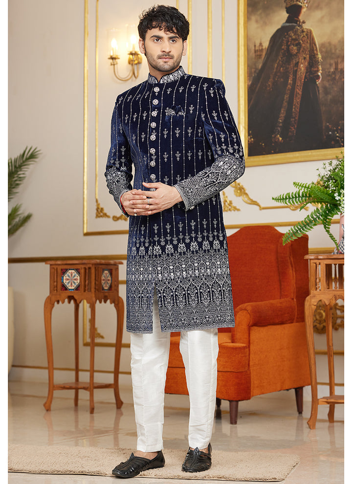 Navy Blue Silk Indowestern Sherwani | Elegant Embroidered Wedding Wear