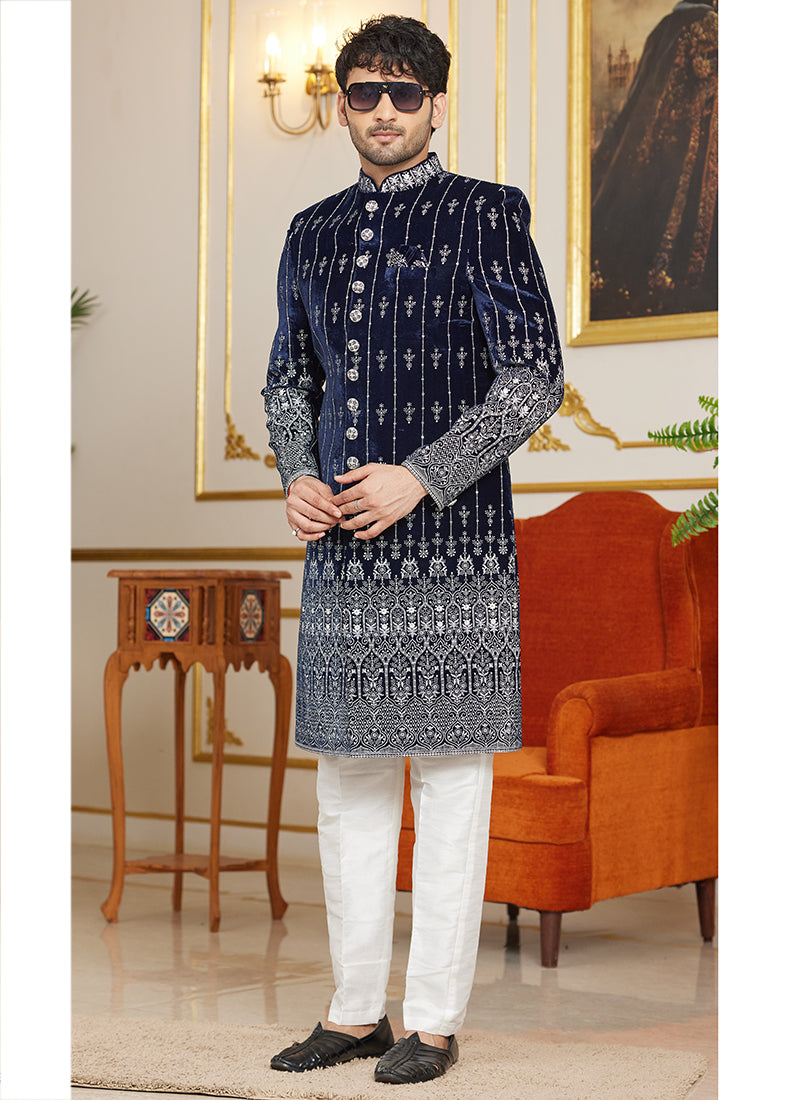 Navy Blue Silk Indowestern Sherwani | Elegant Embroidered Wedding Wear