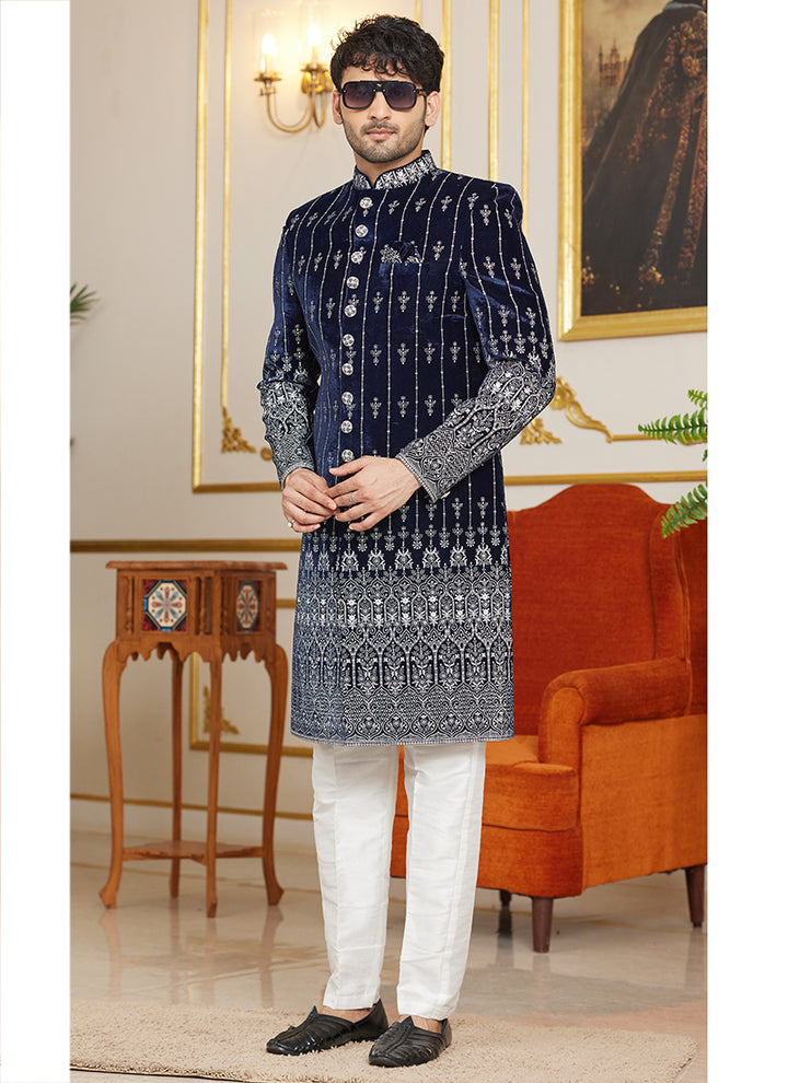 Navy Blue Silk Indowestern Sherwani | Elegant Embroidered Wedding Wear