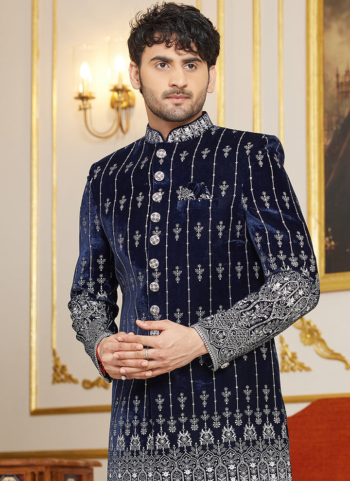 Navy Blue Silk Indowestern Sherwani | Elegant Embroidered Wedding Wear