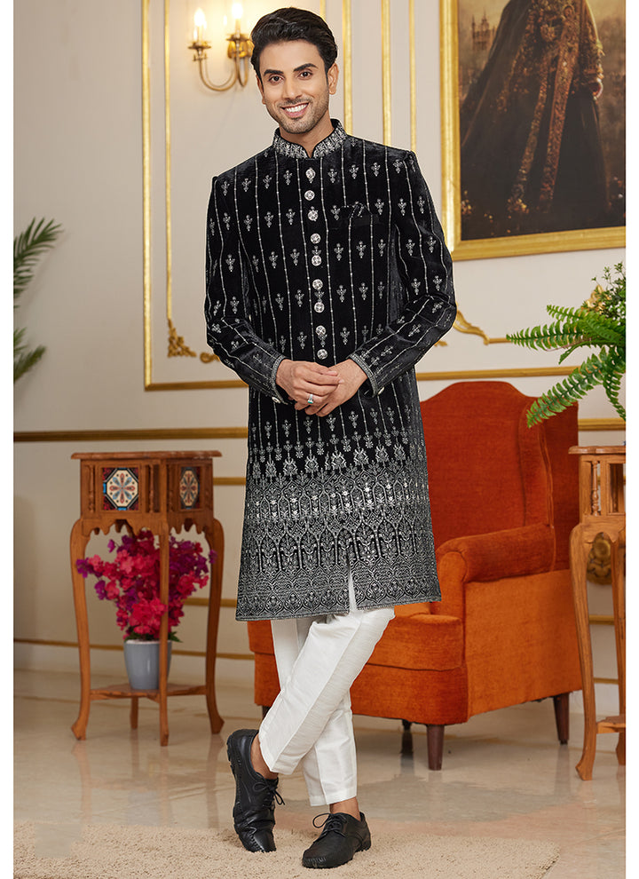 Art Silk Black Indo Western Sherwani | Elegant Wedding & Festive Wear