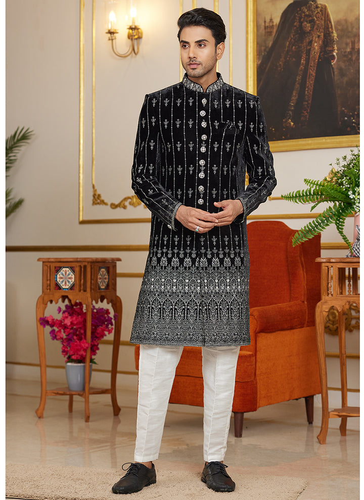 Art Silk Black Indo Western Sherwani | Elegant Wedding & Festive Wear