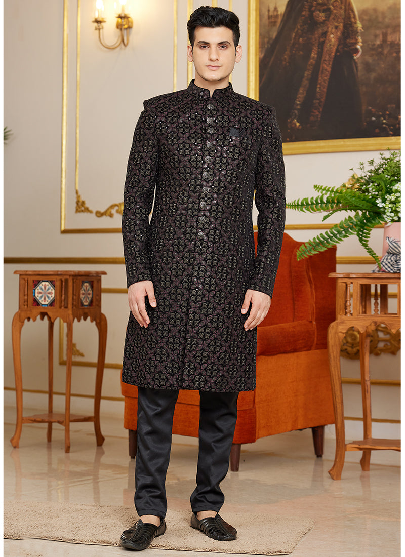 Designer Art Silk Wedding Sherwani | Navy Blue Indo Western Style