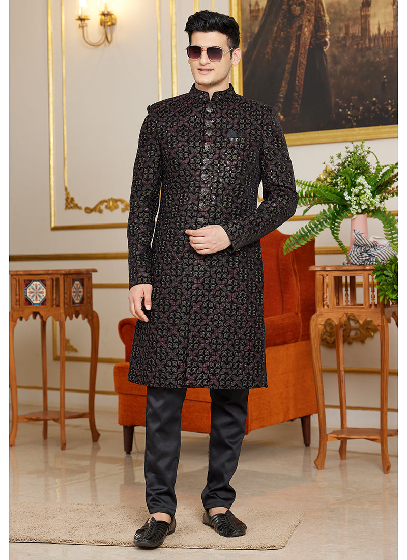 Designer Art Silk Wedding Sherwani | Navy Blue Indo Western Style