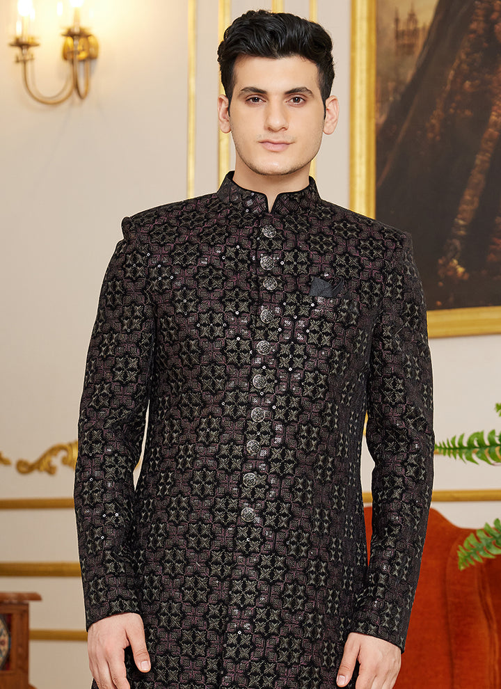 Designer Art Silk Wedding Sherwani | Navy Blue Indo Western Style