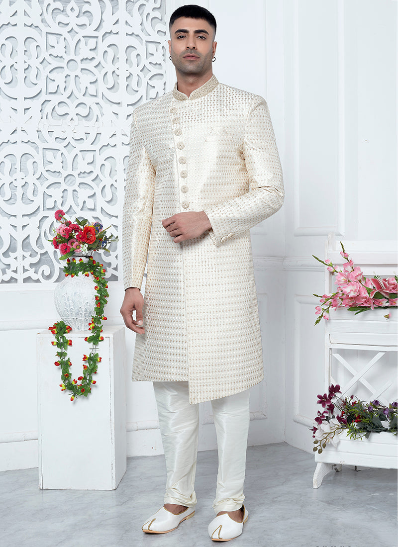 Traditional Cream Sherwani for Men Art Silk | Wedding & Festive Attire