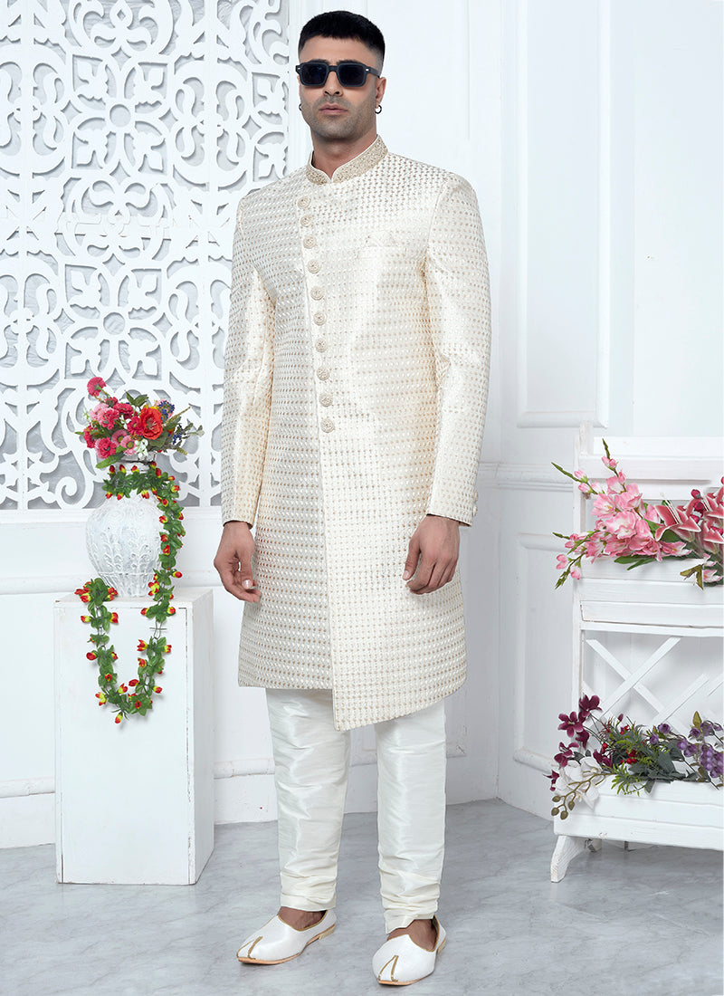 Traditional Cream Sherwani for Men Art Silk | Wedding & Festive Attire