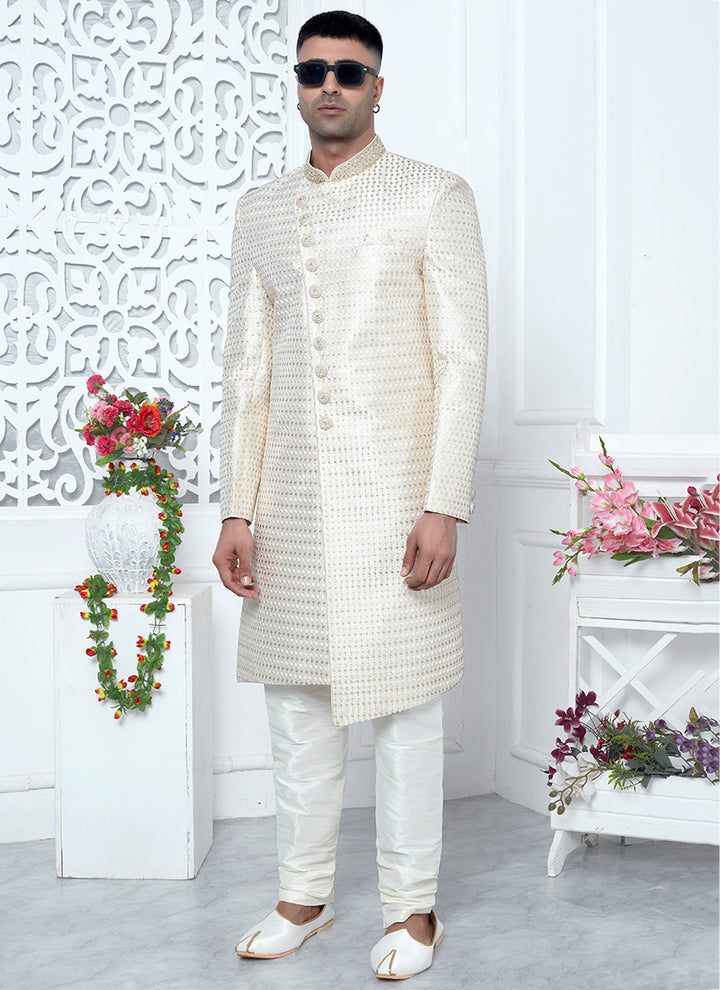 Traditional Cream Sherwani for Men Art Silk | Wedding & Festive Attire