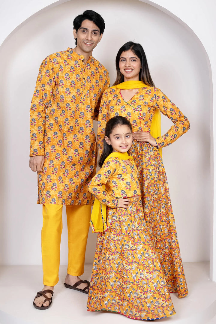 Mustard Printed Lehenga Choli and Dupatta with Matching Kurta Pyjama Set for Family