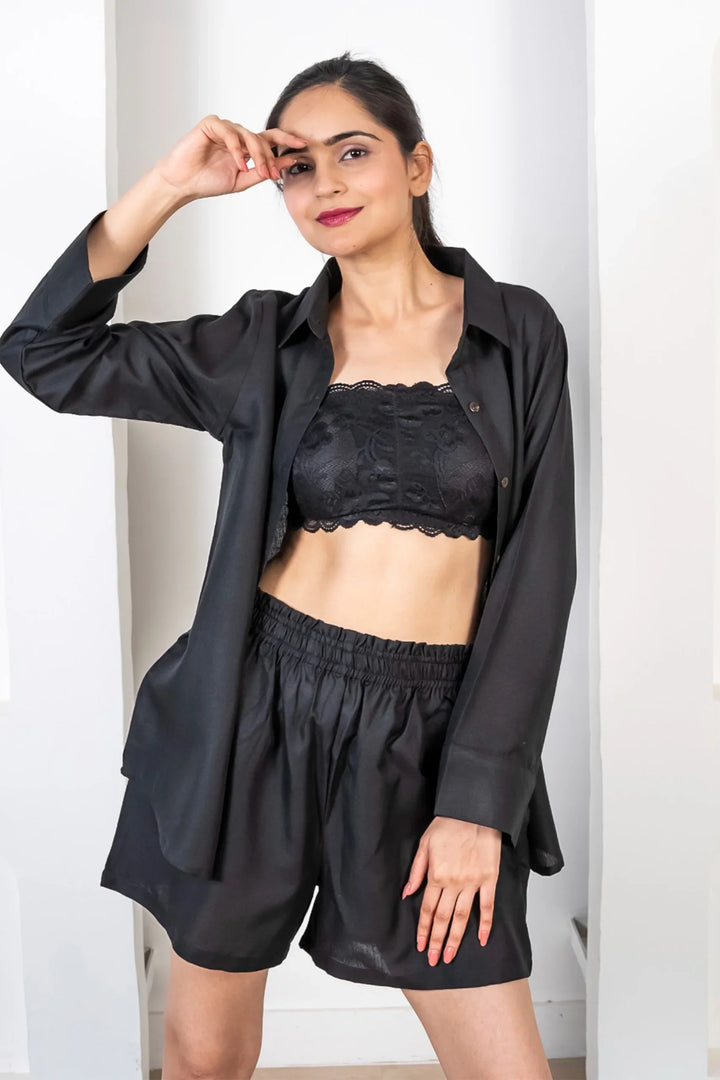 Black Cotton Collared Shirt with Shorts Co Ord Set For Women