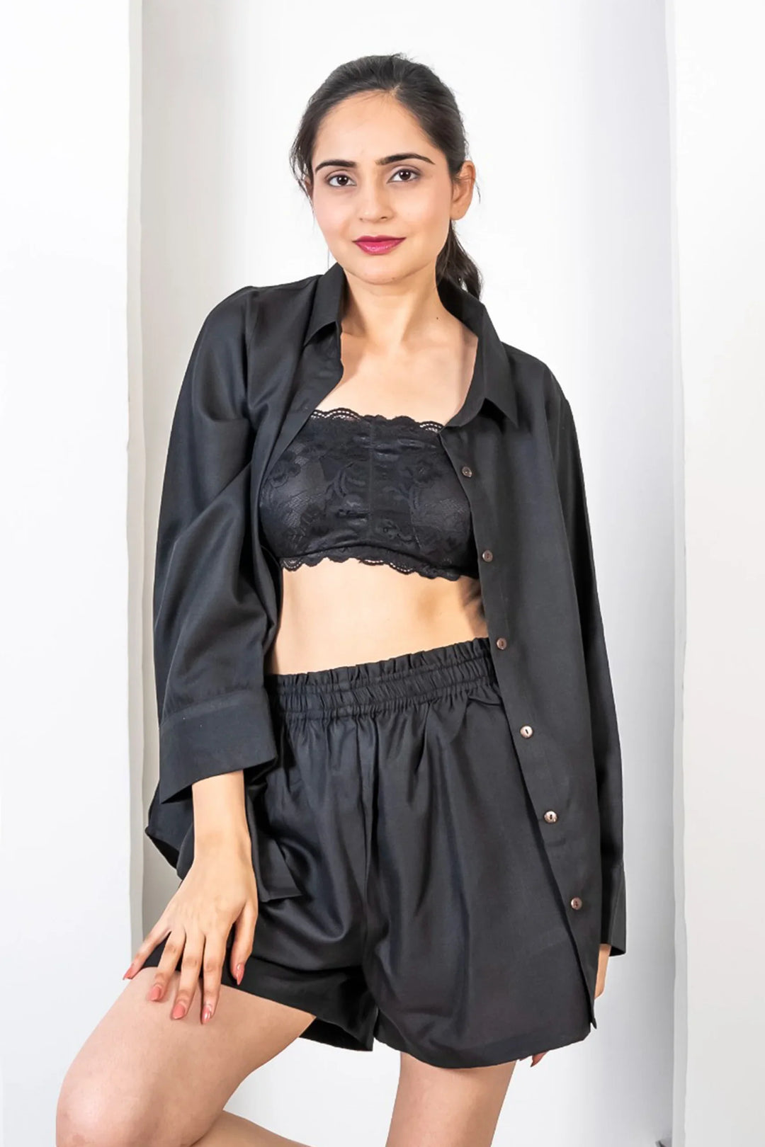 Black Cotton Collared Shirt with Shorts Co Ord Set For Women