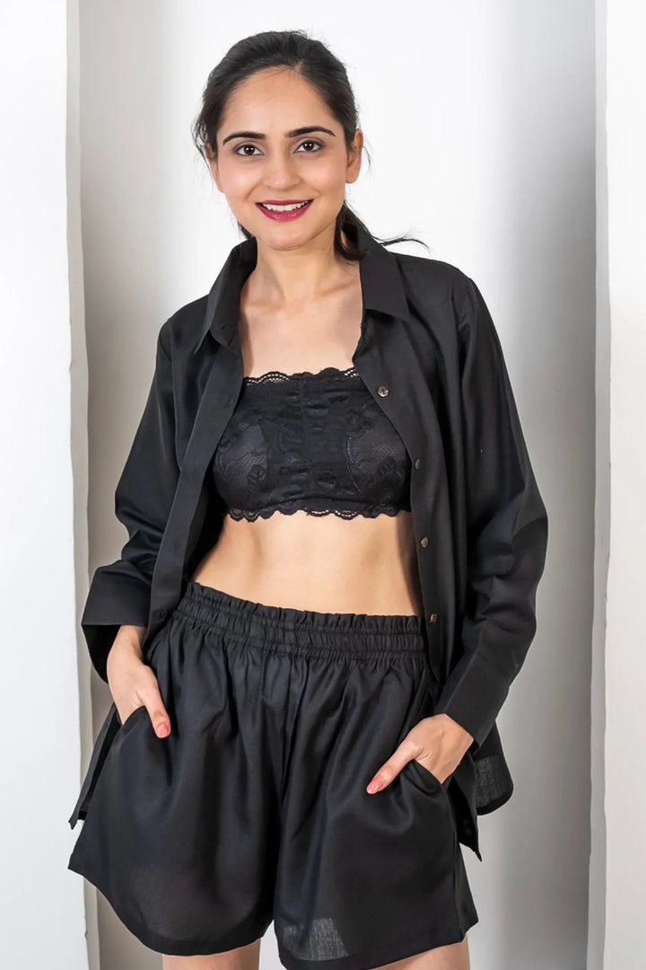 Black Cotton Collared Shirt with Shorts Co Ord Set For Women