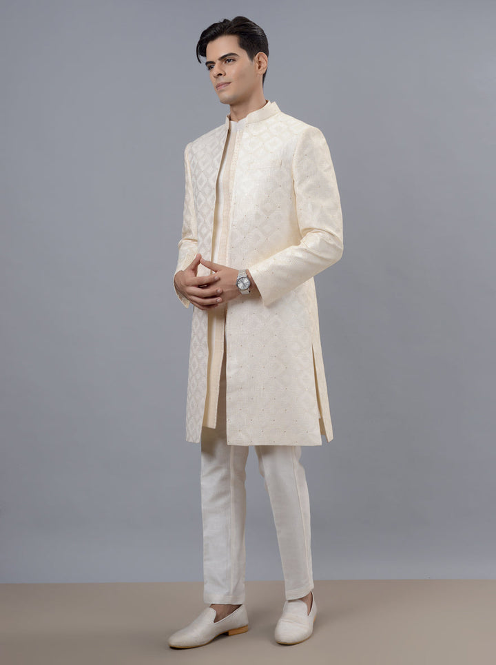 Classic cream silk blend outfit, embroidered Indowestern for men