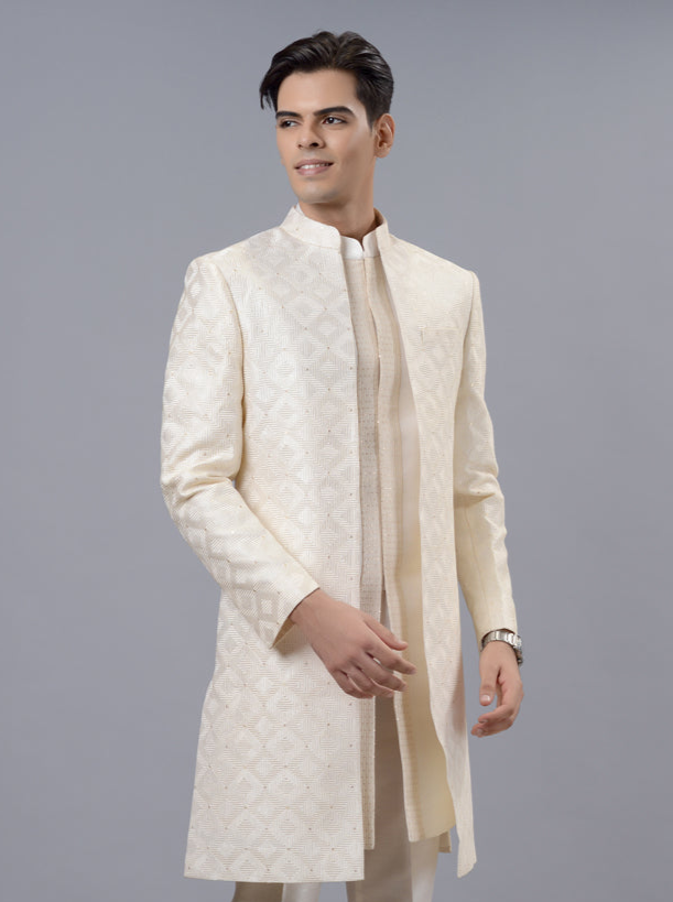 Cream Silk Blend Embroidered Indowestern | Men’s Traditional Wear