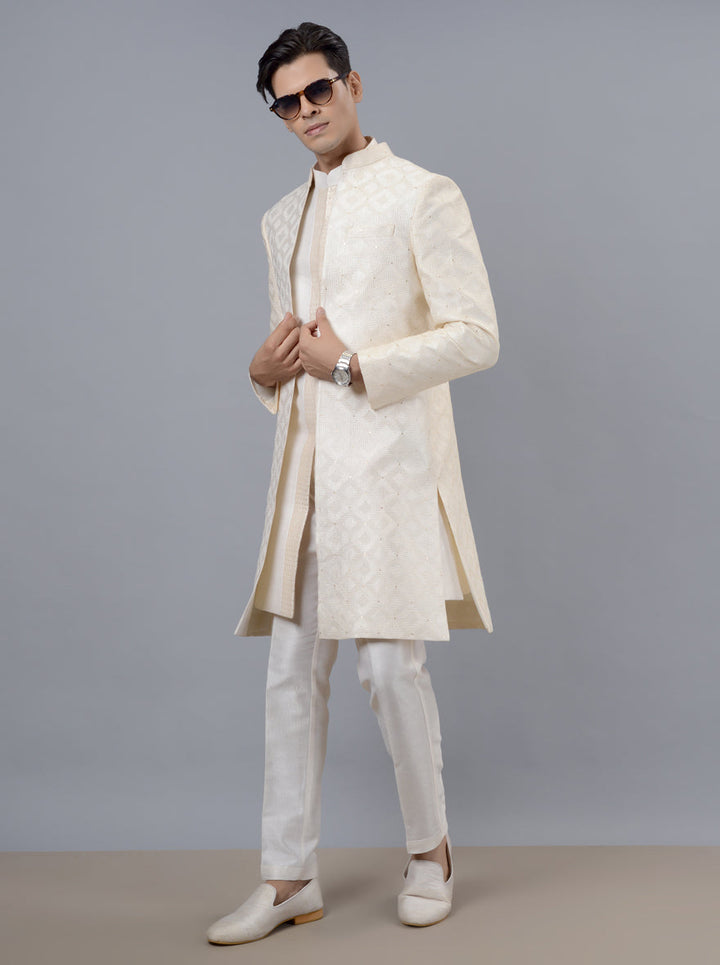Cream silk blend embroidered Indowestern, men’s classic ethnic wear
