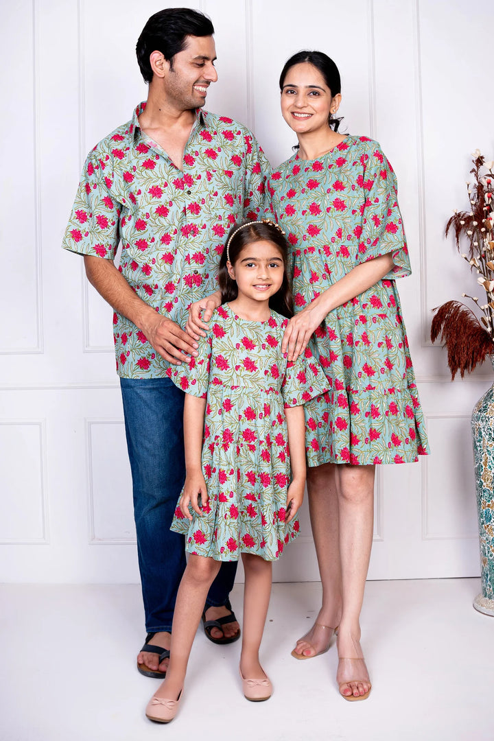 Green & Red Tiered Dress With Matching Shirt Family set