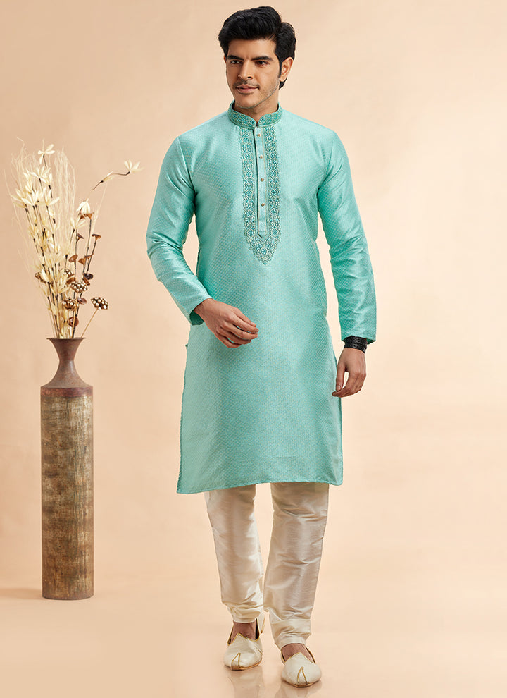 Traditional Jacquard Kurta Pajama | Readymade Art Silk Outfit for Celebrations