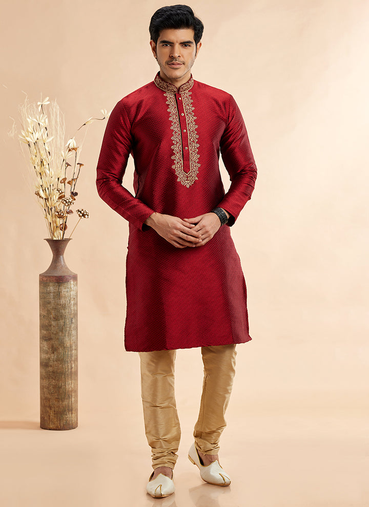 Traditional Jacquard Kurta Pajama | Readymade Art Silk Outfit for Celebrations