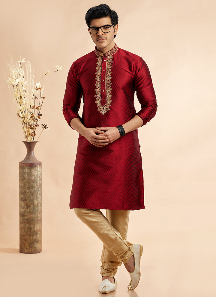 Traditional Jacquard Kurta Pajama | Readymade Art Silk Outfit for Celebrations