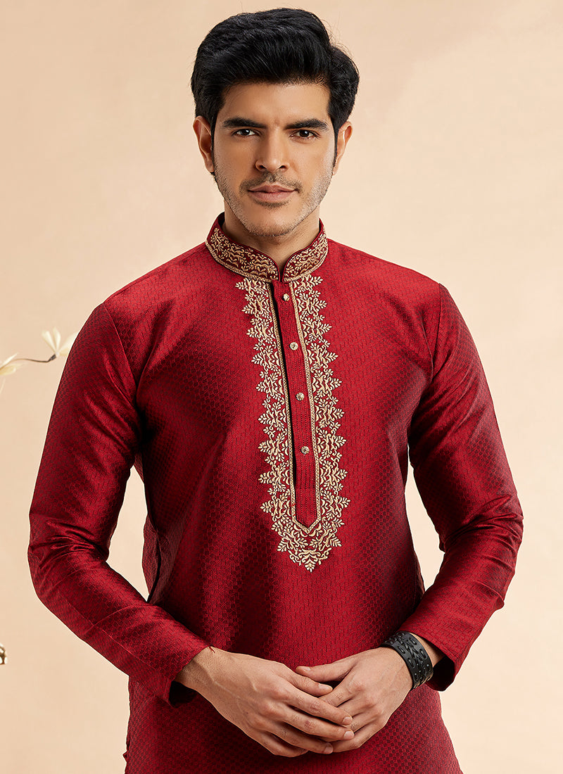 Traditional Jacquard Kurta Pajama | Readymade Art Silk Outfit for Celebrations