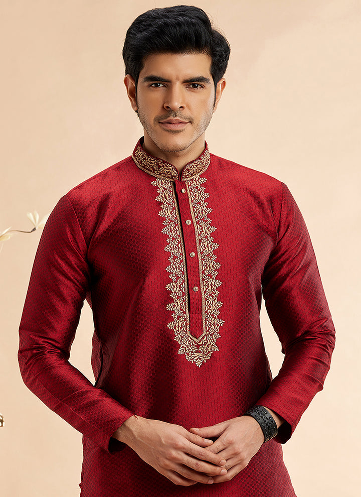 Traditional Jacquard Kurta Pajama | Readymade Art Silk Outfit for Celebrations