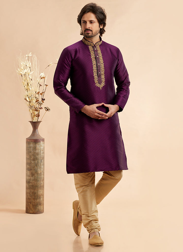 Jacquard Art Silk Kurta Pajama | Machine Work Readymade Set for Festivals