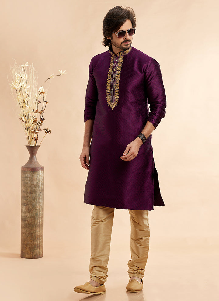 Jacquard Art Silk Kurta Pajama | Machine Work Readymade Set for Festivals
