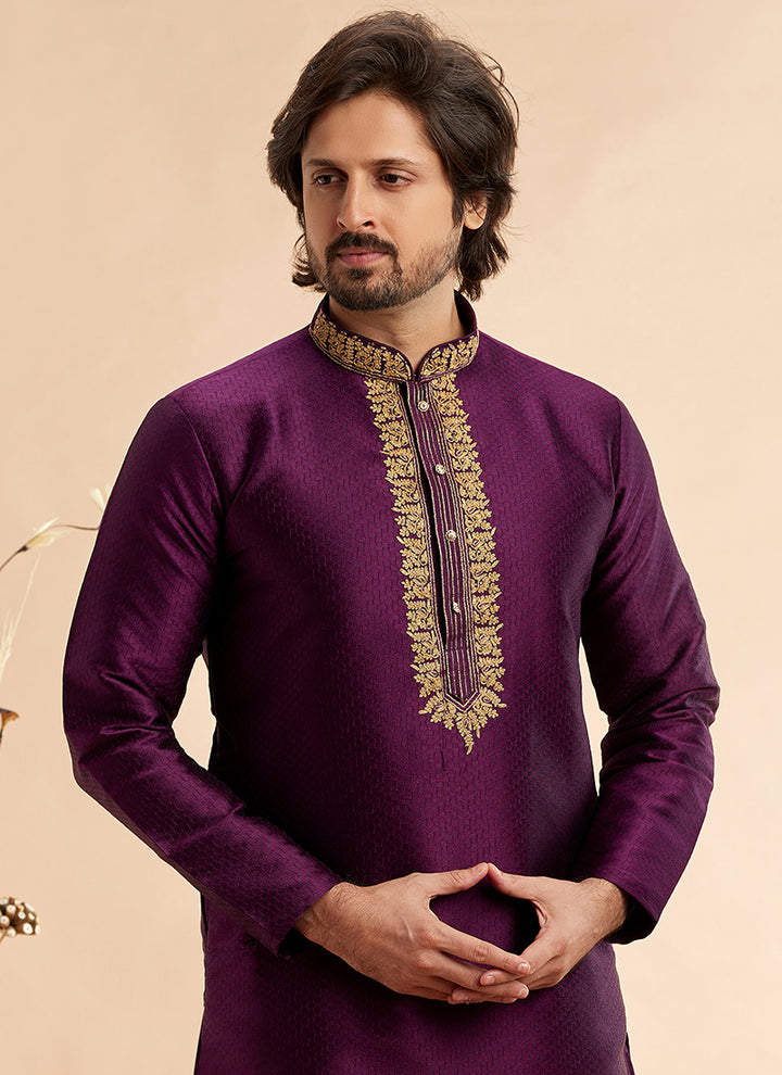 Jacquard Art Silk Kurta Pajama | Machine Work Readymade Set for Festivals