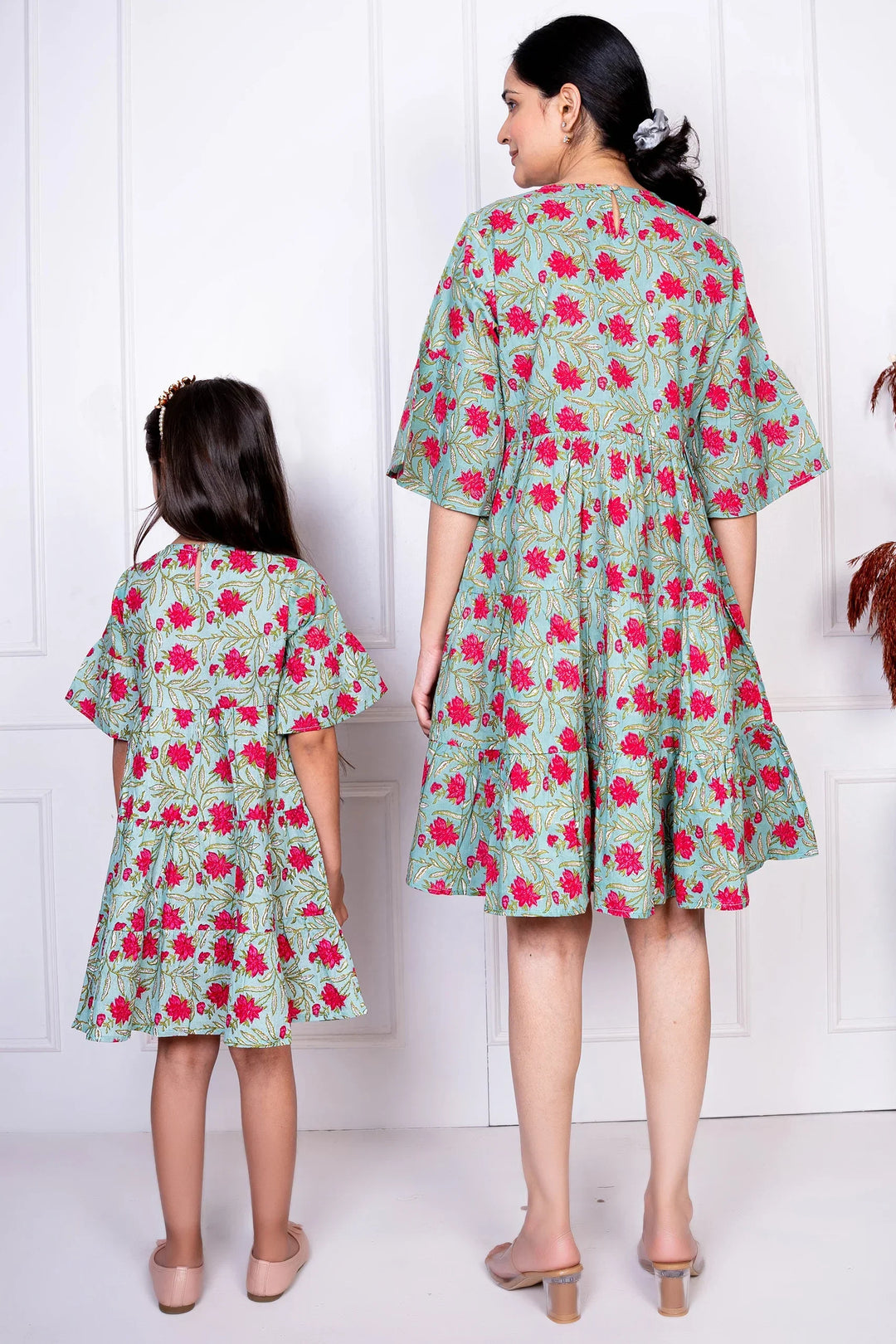 Mommy and Me Green & Red Tiered Dress Set