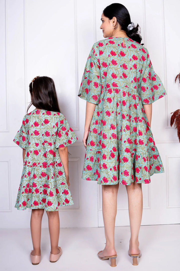 Mommy and Me Green & Red Tiered Dress Set