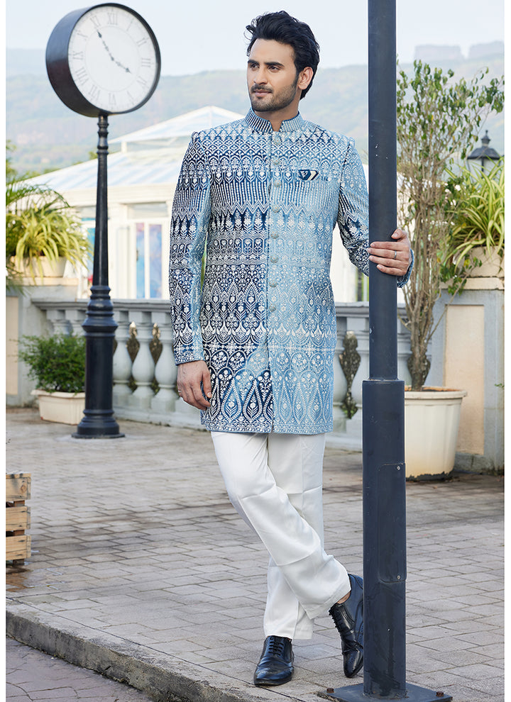 Velvet Teal Blue Readymade Jodhpuri Suit | Elegant Traditional Attire for Special Occasions