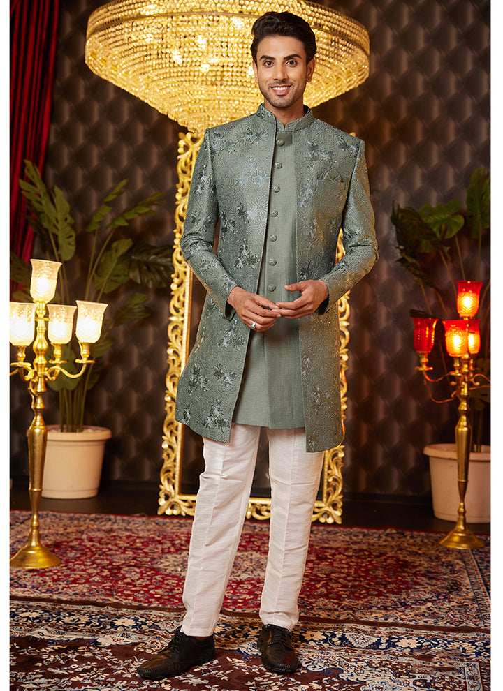 Designer Light Green Indowestern Outfit | Perfect Fusion of Tradition & Modern Style