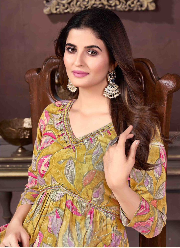 Printed Handwork Mustard Rayon Straight Pant Suit | Elegant Ethnic Wear