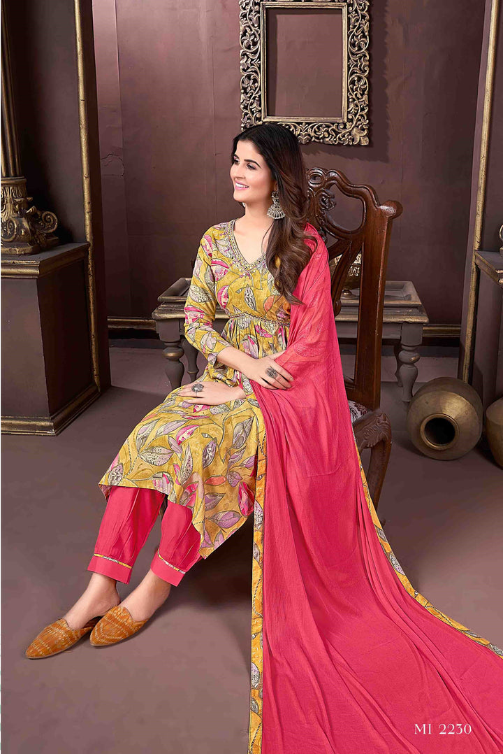 Printed Handwork Mustard Rayon Straight Pant Suit | Elegant Ethnic Wear