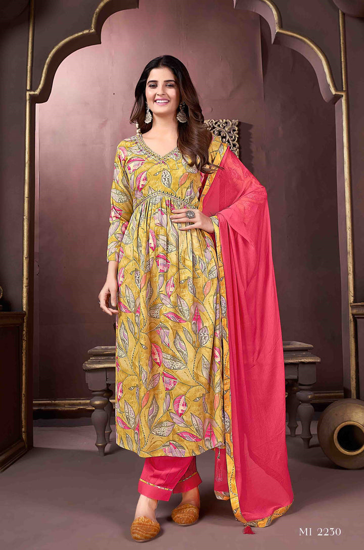 Printed Handwork Mustard Rayon Straight Pant Suit | Elegant Ethnic Wear