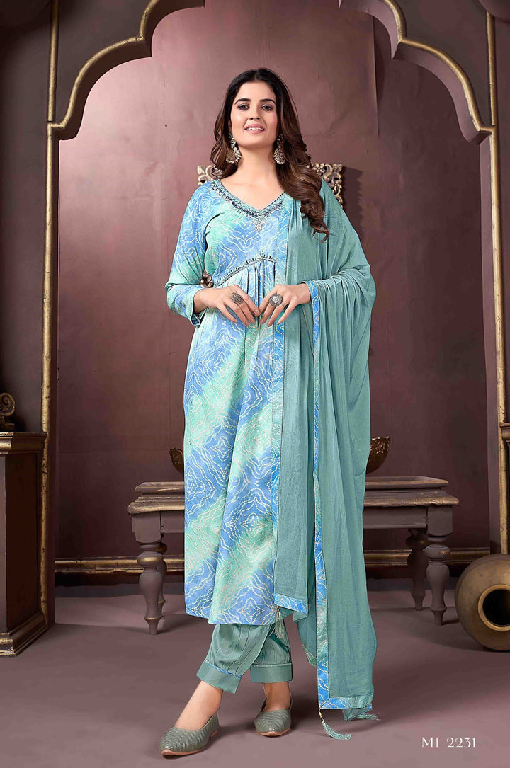 V Neck Kurti Set for Women | Traditional Kurti with Handwork and Dupatta