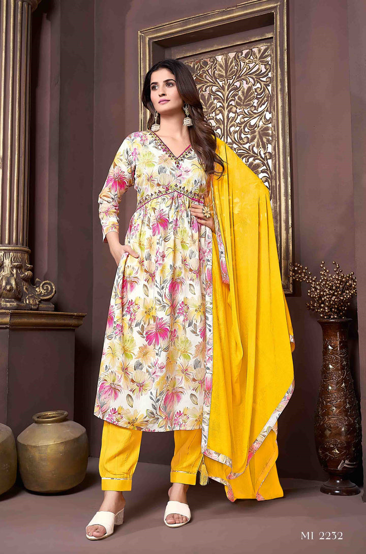 Yellow Floral Print A-Line Kurta Set | Trendy Kurti Set for Women