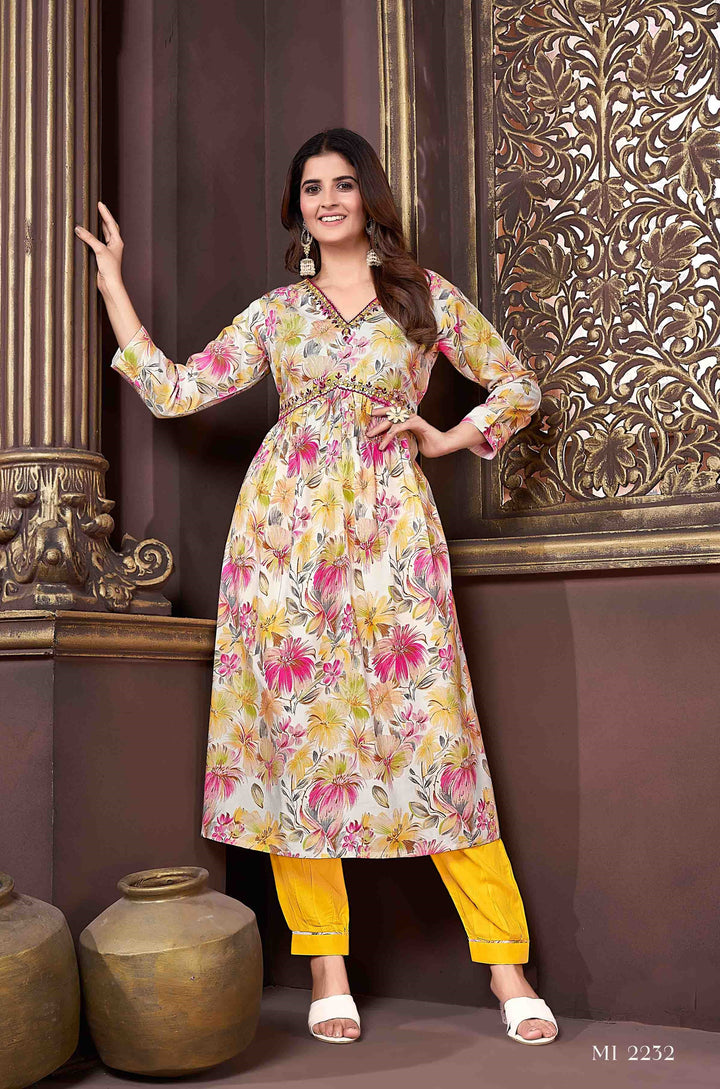 Yellow Floral Print A-Line Kurta Set | Trendy Kurti Set for Women