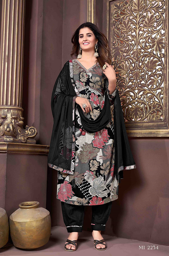 Stylish Black Rayon Punjabi Suit | Handwork V Neck & Najmin Dupatta