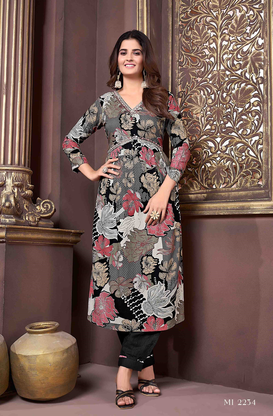 Stylish Black Rayon Punjabi Suit | Handwork V Neck & Najmin Dupatta