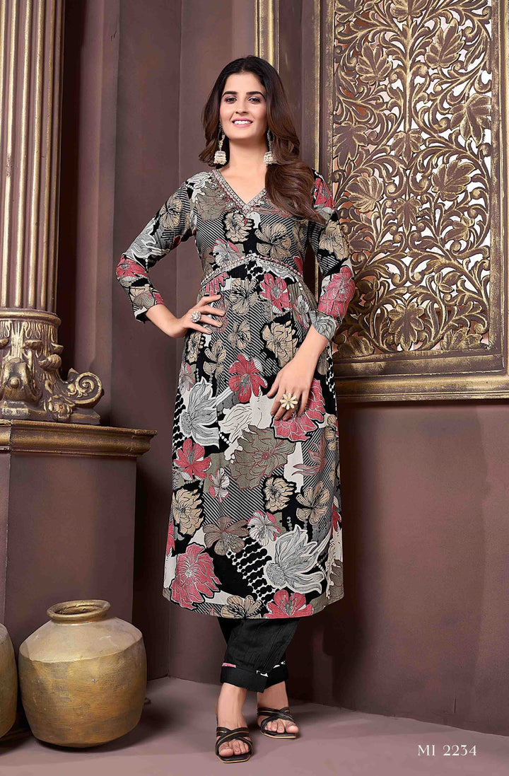 Stylish Black Rayon Punjabi Suit | Handwork V Neck & Najmin Dupatta