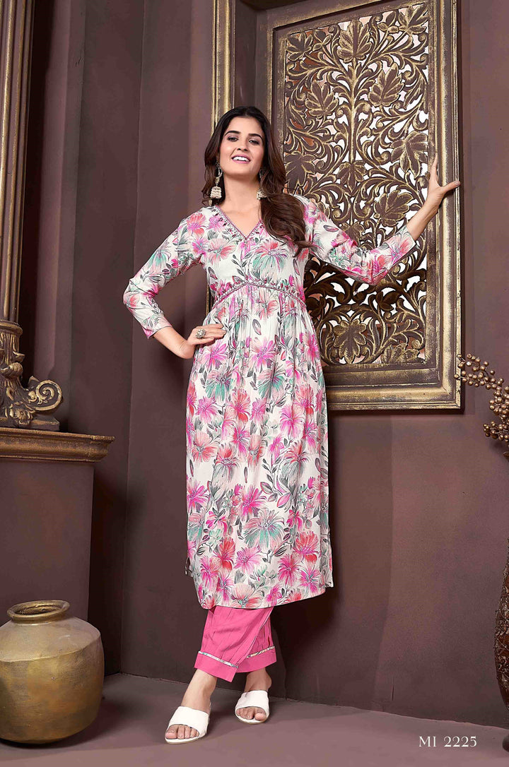 White Floral Printed Rayon Salwar Suit | Pink Salwar & Dupatta Set
