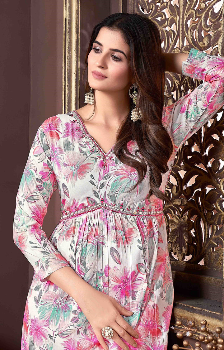 White Floral Printed Rayon Salwar Suit | Pink Salwar & Dupatta Set