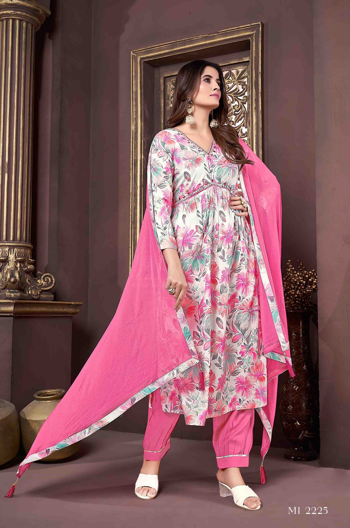 White Floral Printed Rayon Salwar Suit | Pink Salwar & Dupatta Set