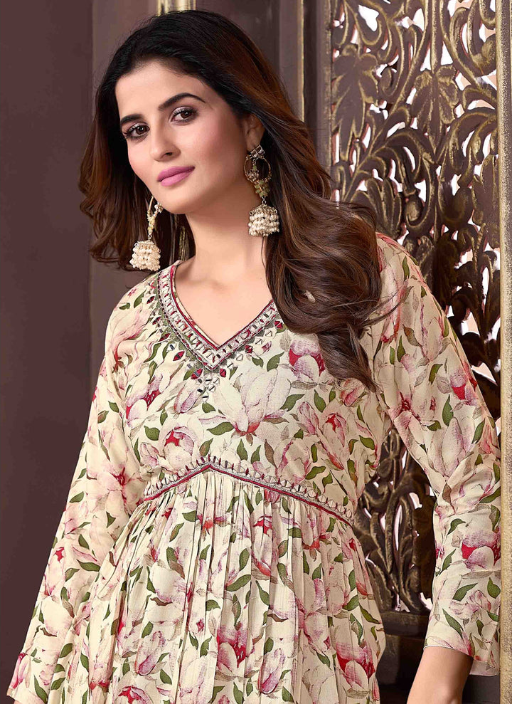 Floral Printed Cream Rayon Straight Pant Suit | Handwork V-Neck Kurti
