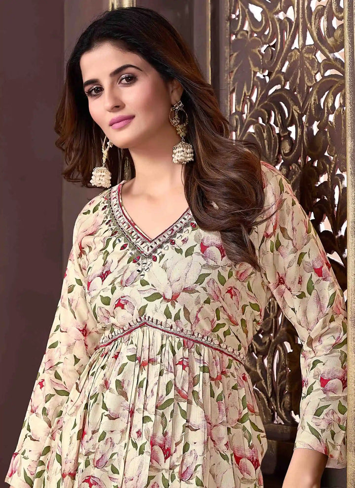 Floral Printed Handwork Cream Rayon Straight Kurti Set